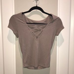 Me To We Crop T-Shirt with Criss Cross-Tan